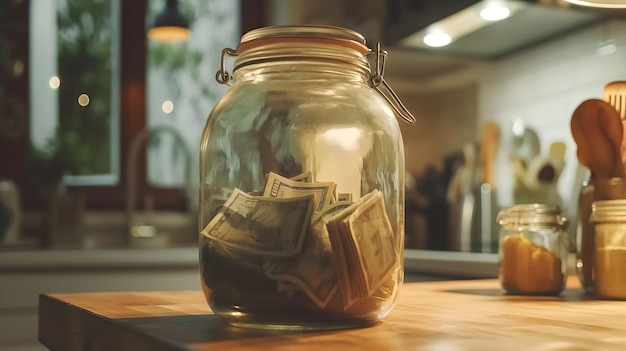 Photo savings concept glass jar filled with us dollar bills