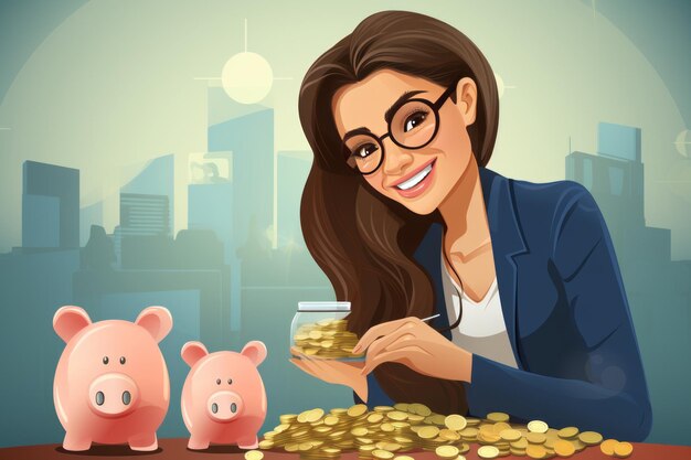 Photo savings strategies for a happy businesswoman investing an euro coin into a piggy bank ar 32