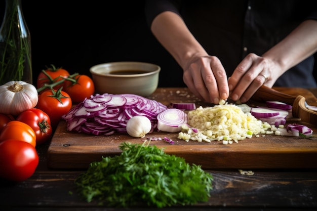 Savor the Aroma A Young Female Masterfully Chops Fresh Onion for Delectable Italian Pasta with Vegg