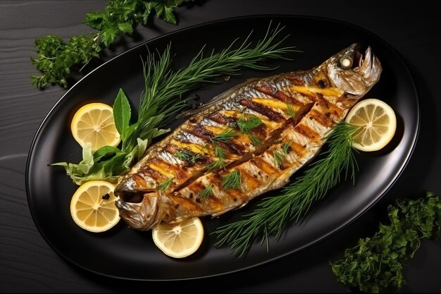 레스토랑 메뉴 모 에서 맛있는 그릴 된 물고기 맛 을 맛보십시오
