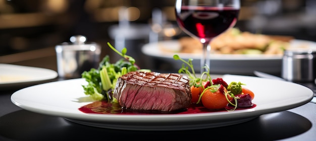 Foto assaporate una deliziosa bistecca di manzo con un bicchiere di vino rosso in un moderno ristorante ben illuminato