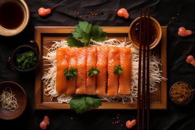 Photo savor the exquisite harmony of salmon sashimi and funchosa delicately presented on a bamboo mat a s