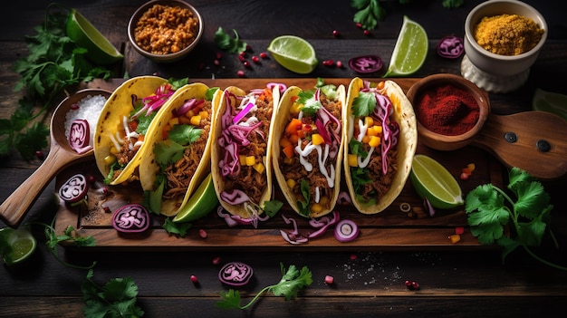 Fiesta 밝고 선명한 색상의 맛있는 타코 멕시코 요리를 맛보십시오.