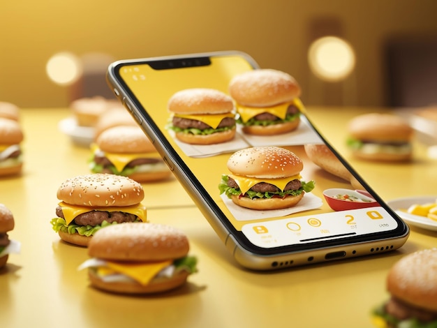 스마트폰으로 온라인 음식 배달 햄버거의 맛을 맛보세요