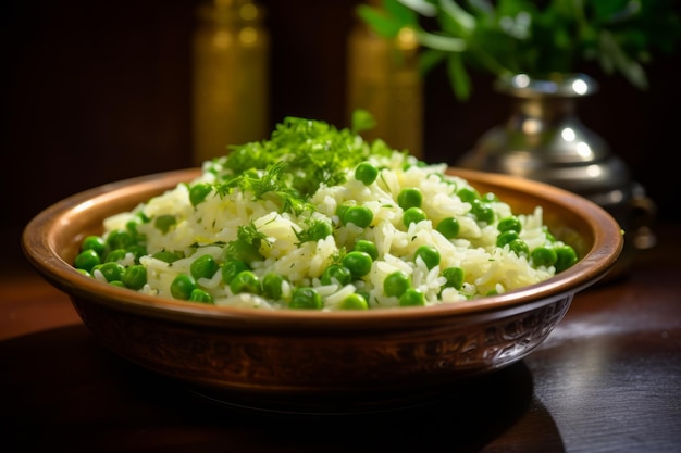 Вкусите ароматы вкусная миска с рисом, украшенная свежим зеленым горохом