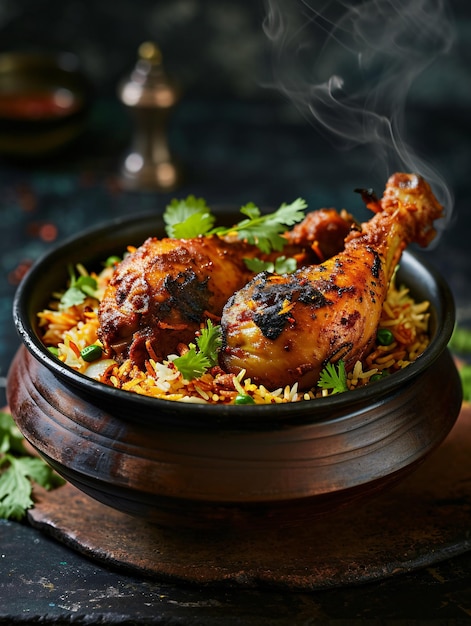 Photo savor the flavors of fiery indian chicken biryani captured in stunning food photography against a dark backdrop