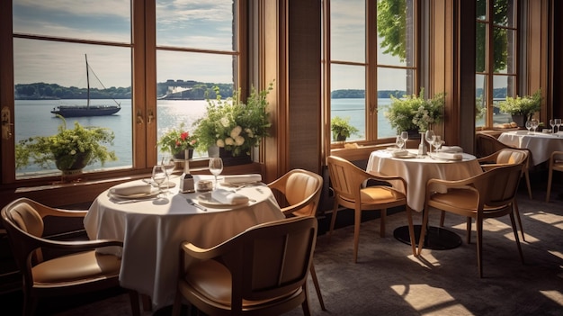 Savor the flavors of luxury Tables at a modern upscale gourmet restaurant with sea view Generative AI