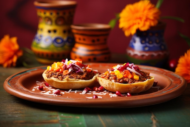 Photo savor the flavors a vibrant display of traditional mexican cuisine on an artisanal clay plate