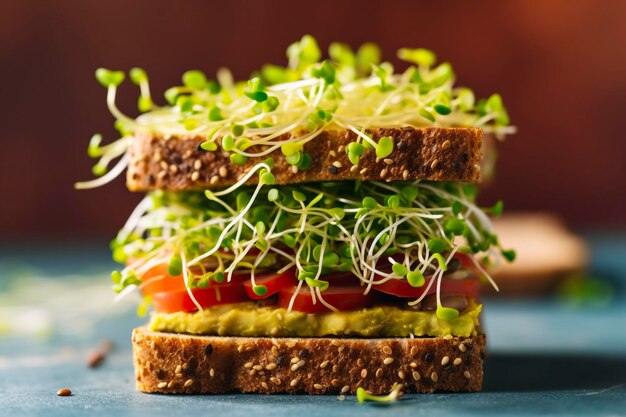 Наслаждайтесь свежестью многослойного сэндвича, изобилующего яркими зелеными побегами.