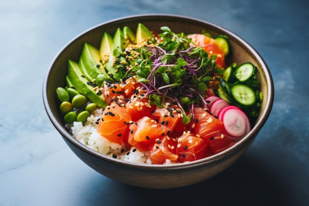 Savor the Freshness A Poke Bowl Delight on a Marble Table
