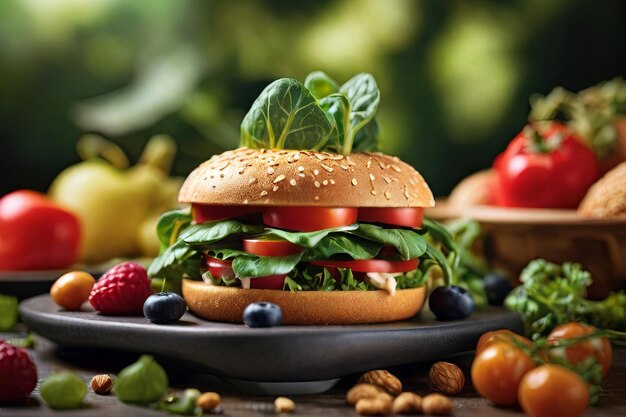 Foto assaporate la freschezza di un vibrante hamburger all'insalata una deliziosa fusione di verdure e sapori