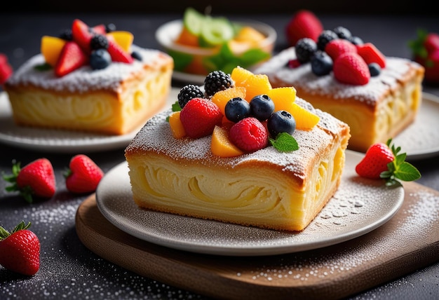 Savor the sweetness of pastry adorned with fresh fruit and dusted with a sprinkle of powdered sugar