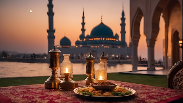 Фото Наслаждайтесь спокойствием рамадана с живописным ифтаром с захватывающим видом на мечеть
