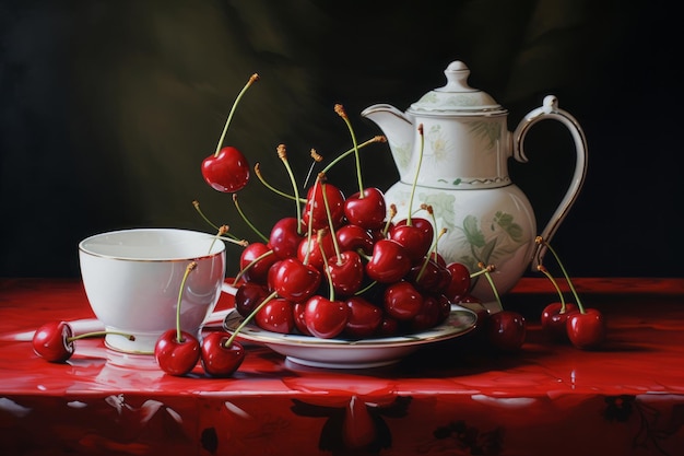 Savoring the delight a visual feast of cherries and tea artfully displayed in pitchers and cups on