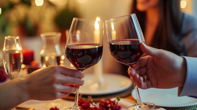Savoring Love A Couple Engaging in a Romantic Dinner Toasting with Cups of Red Wine Creating a Beautiful Moment of Intimacy and Connection