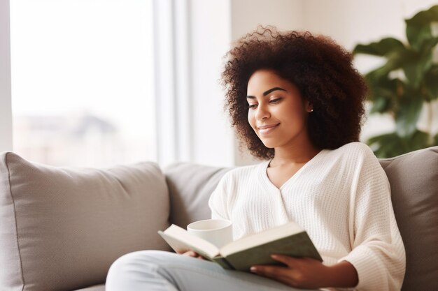アフリカ系アメリカ人の女性が文学に没頭し コーヒーを飲んでソファでリラックスしています