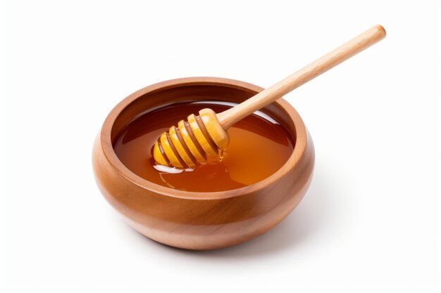 Savoring the Sweetness Captivating Top View of Honey in Wooden Bowl with Dipper Set Against a Whit