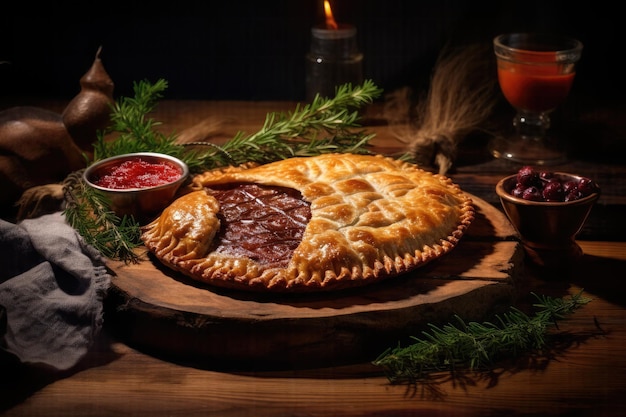 Savory AICrafted Delight Baked Meat Pie Presented on Rustic Wood Plate