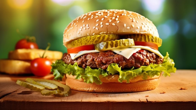 Savory beef burger grilled to perfection topped with cheese lettuce tomatoes and a toasted bun