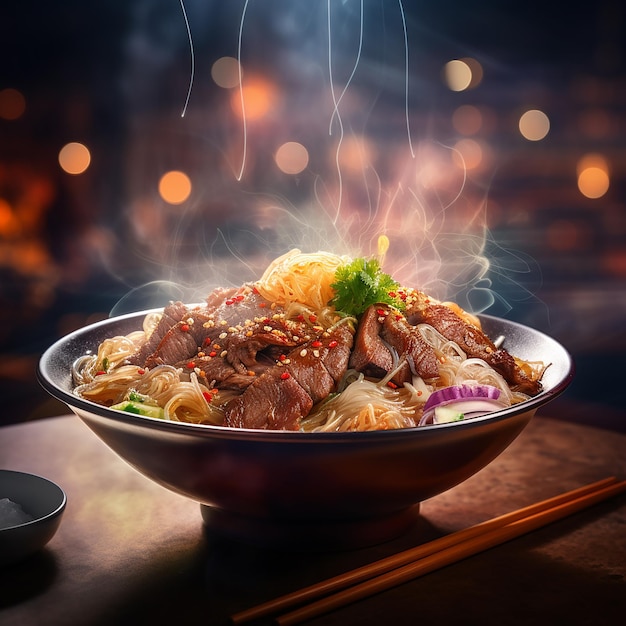 Photo savory beef noodle bowl