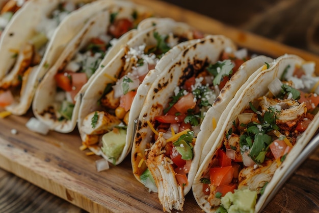 savory chicken tacos on wooden plate