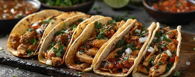 Photo savory chicken tinga tacos filled shredded background