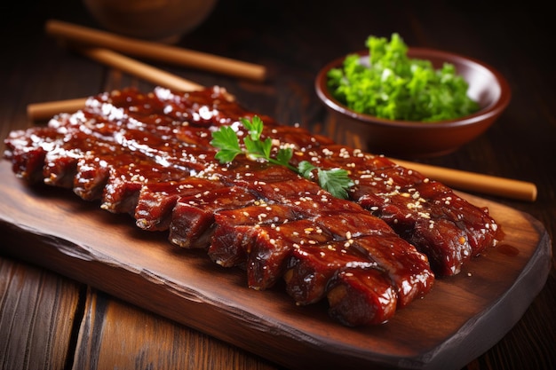 Savory close up of roasted bbq pork ribs with succulent meat slices an appetizing delight
