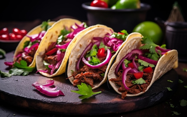 Аутентичные мексиканские тако с мясом, овощами и красным луком