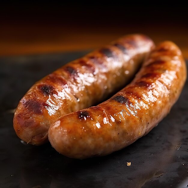 Foto deliziose salsicce alla griglia su una rustica tavola di legno