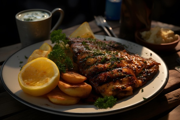 Savory Delight Grilled Shark Sauce and Fries