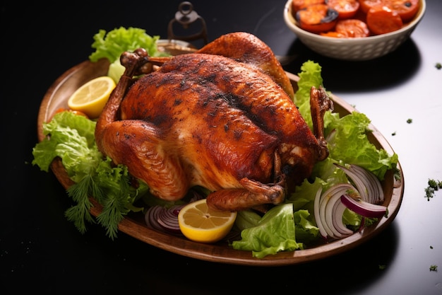 Savory delight Succulent roasted chicken its flavors enhanced by expert seasoning and cooking