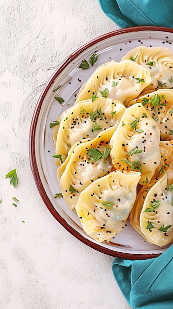 Savory dumplings with cabbage displayed elegantly on pristine white backdrop Vertical Mobile Wallpap