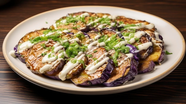 Savory Grilled Eggplant Slices Drizzled with Rich Soy Glaze and Fresh Cilantro on a Lavender Plate