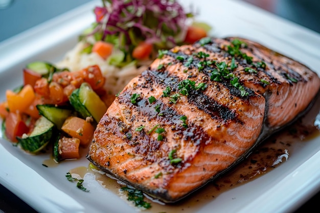 savory grilled salmon fillet rests on a white plate alongside a colorful vegetable medley and a refreshing salad beautifully presented at a dining table