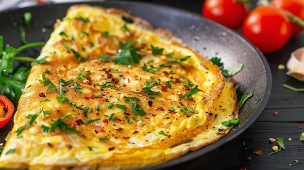 Savory herb omelette with chili flakes in pan