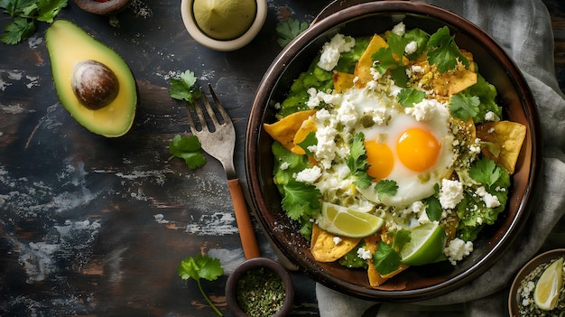 나무 표면 에 신선 한 아보카도 와 라임 을 넣은 맛 있는 Huevos Rancheros