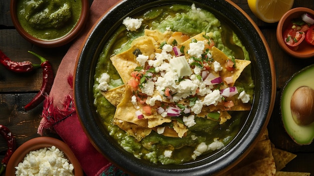 나무 표면 에 신선 한 아보카도 와 라임 을 넣은 맛 있는 Huevos Rancheros