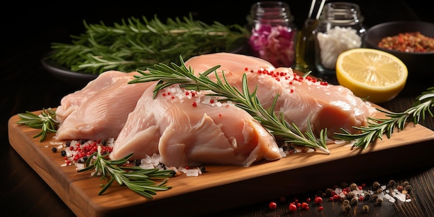 Savory Infusion Raw Chicken Fillet with Garlic Pepper and Rosemary on Wooden Surface