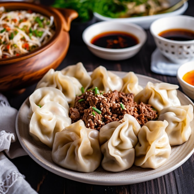 Photo savory mongolian buuz steamed dumplings with juicy minced meat filling