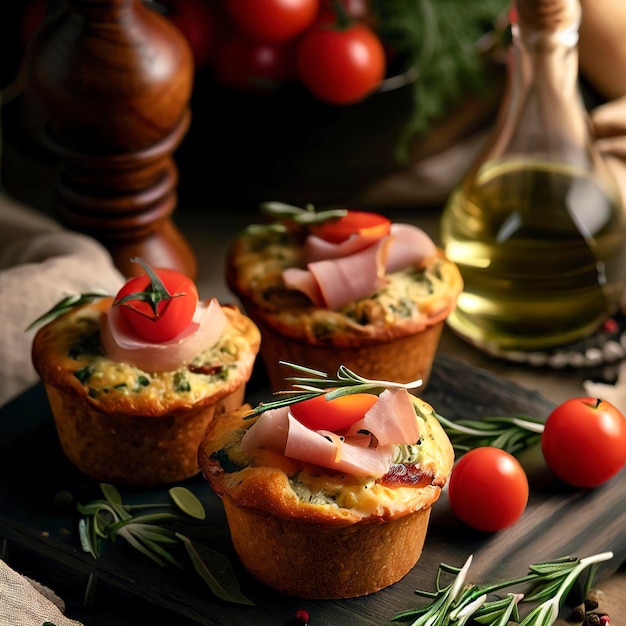 Savory muffins with herbs tomatoes and ham