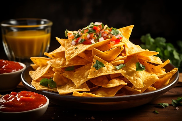 Savory Nacho Chips Accompanied by Dipping Sauces in a Bowl AI