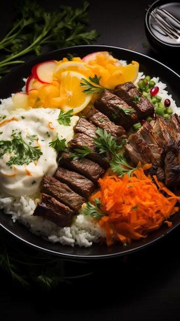 Savory presentation Rice carrot and lamb with yogurt salad captured from above Vertical Mobile Wa