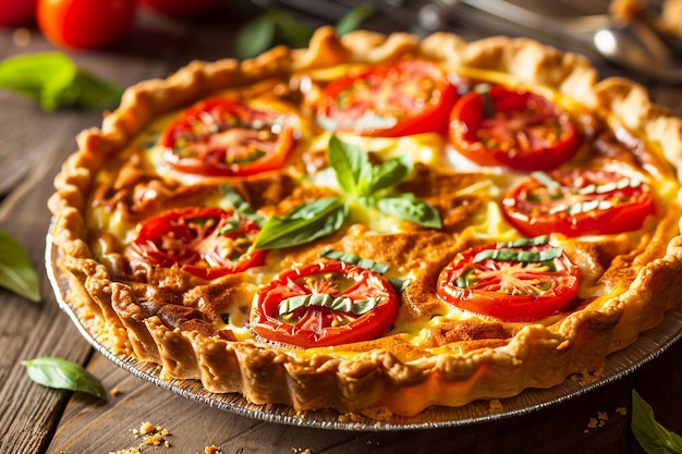 A savory quiche with tomatoes and basil