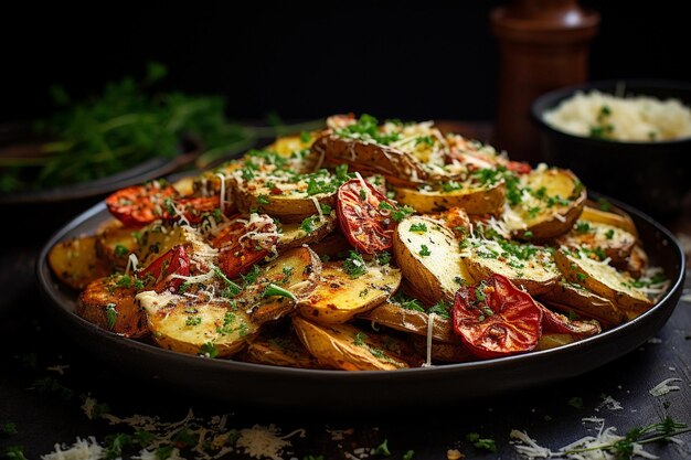 어두운 배경 에 맛 있는 구운 마늘 파르메잔 감자