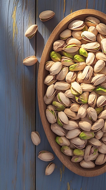 Savory roasted pistachios displayed attractively on textured wood backdrop Vertical Mobile Wallpaper