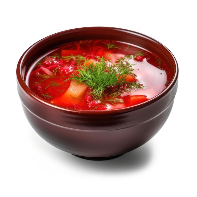 Photo savory russian borscht soup in a bowl on white background generative ai