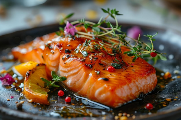 Savory Salmon Delight on Stylish Black Plate