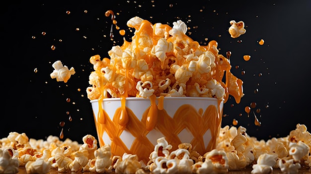 Foto popcorn croccanti salati salati con uno sfondo sfocato e cinematografico