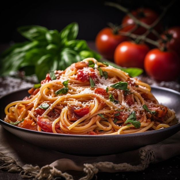 Foto barrette di spaghetti salate un delizioso piatto da pranzo con pomodori e salsa