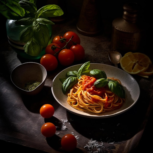 Foto barrette di spaghetti salate un delizioso piatto da pranzo con pomodori e salsa